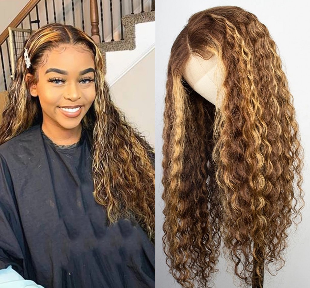 Highlight Color Human Hair Curly Deep Water Wave Frontal Wigs for Black Women Brazilian 13x1 T Part Blonde Synthetic Lace Fr