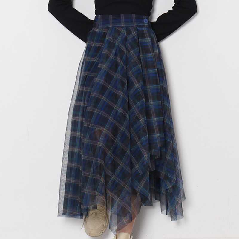 Fashion Elegant Temperament Blue Mesh Plaid Skirt High Waist A-line Women Skirts Fresh All-match Office Lady Jupe 210525