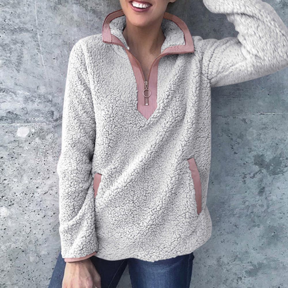 Women Fleece Sweatshirt Winter Casual Faux Fur Zipper Collar Female Hoodies Warm Turtleneck Thick Sherpa Tops 201113