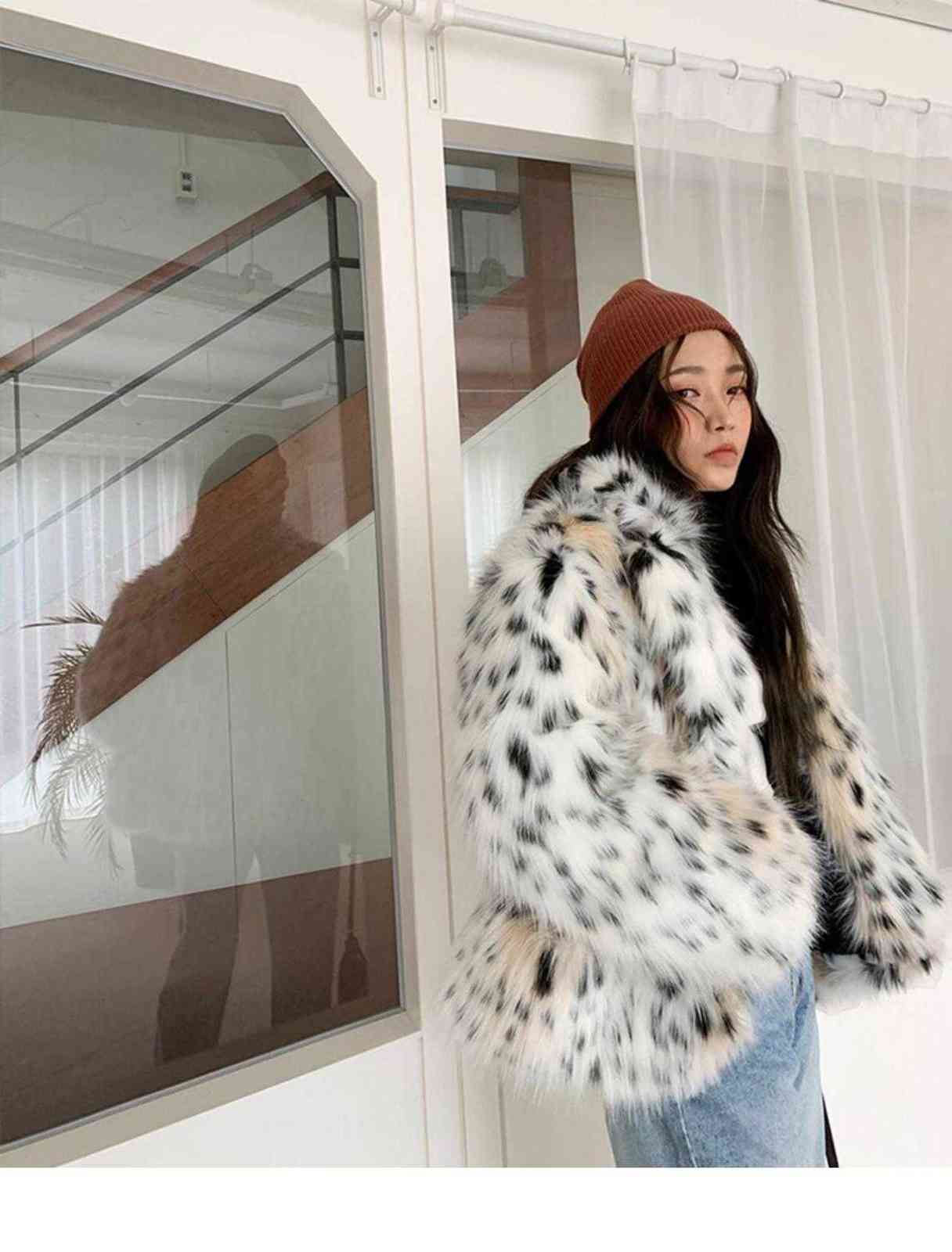HIGH QUALITY Winter Notched Collar Hairy Shaggy Tuscan Cat Leopard Fur Jacket Long sleeve Furry Fur Women Jacket Short Outerwear 211123
