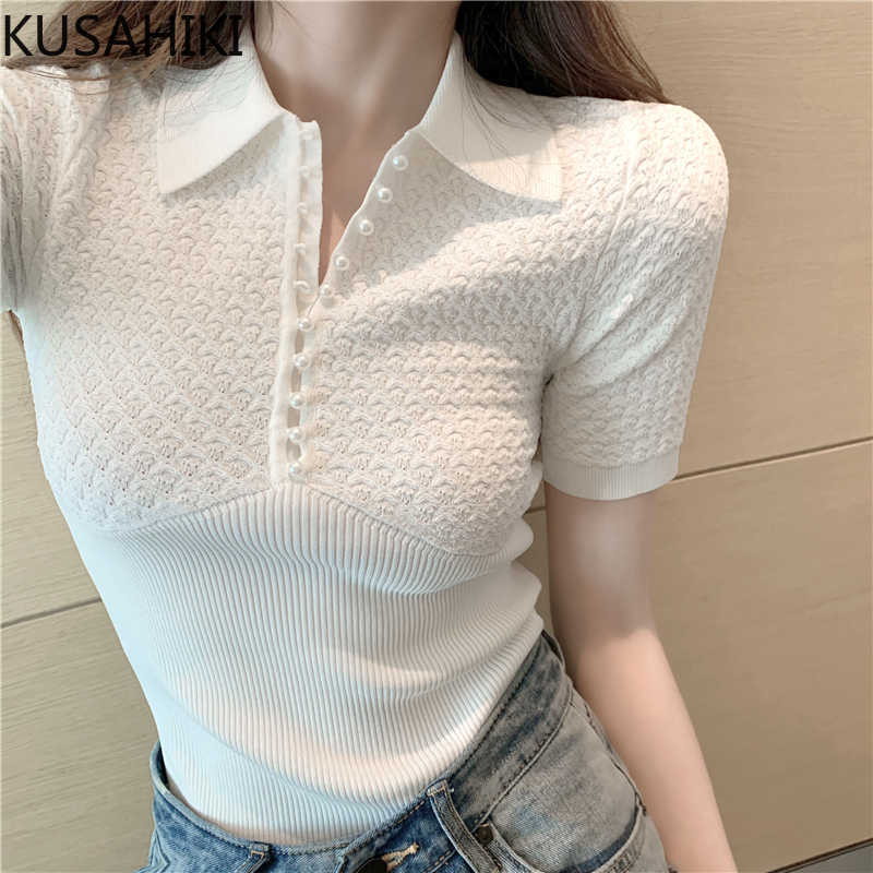 Summer Short Sleeve Women Knitted T Shirts Slim Graphic Tshirts Causal Solid Turn-down Collar Tee Tops 6H072 210603, White
Summer Short Sleeve Women Knitted T Shirts Slim Graphic Tshirts Causal Solid Turn-down Collar Tee Tops 6H072 210603, White
