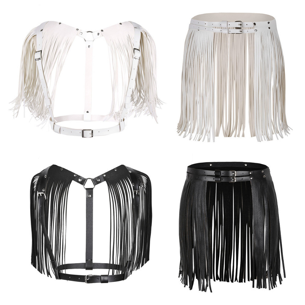 Womens Adult Adjustable Faux Leather Waistband Fringe Tassel Skirt Belt Nightclub Costume Cosplay Parties Skirts for Halloween 210309
