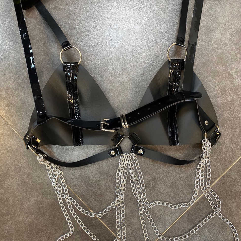 Women's Short Corset Top Spaghetti Strap Black Pu Leather Crop Chain Halter PU Sexy Tank 210525