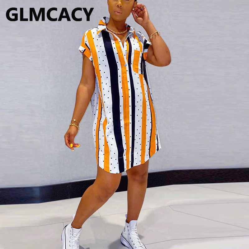 Short Sleeve Striped Button Down Mini Dress Casual Summer Shirt Dresses 210702