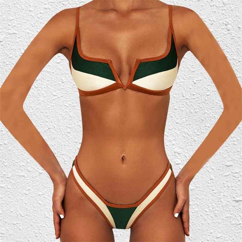 Vintage Retro Bikini Patchwork Swimsuit Thong Brazilian Sexy Swimwear Female Summer Micro V-bar Green Bathing Suits 210625