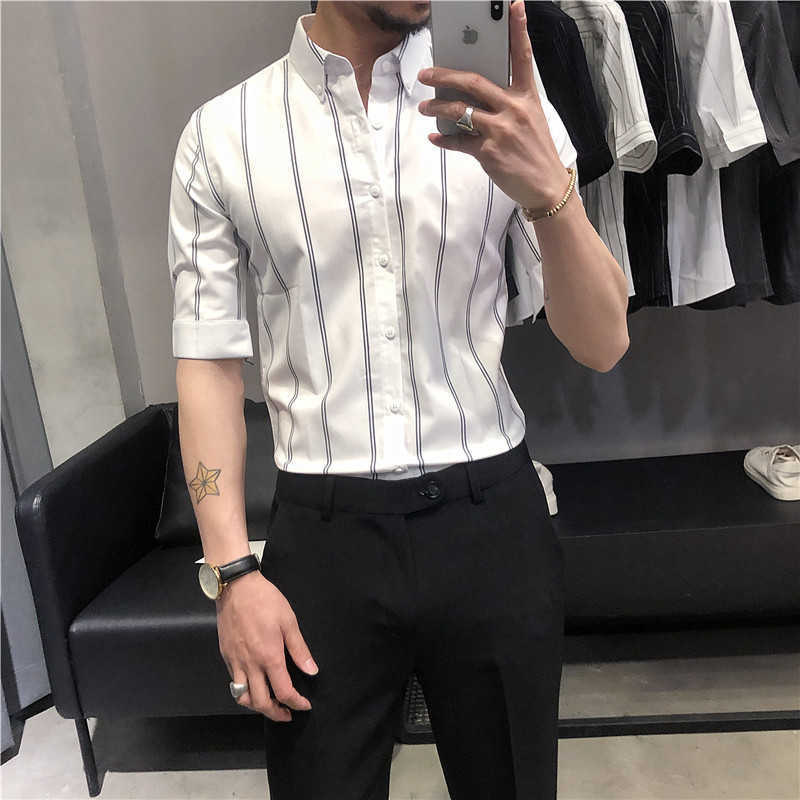 Summer Striped Shirts Men 3/4 Sleeve Business Dress Shirts Slim Fit Casual Office Shirt Social Streetwear Male Clothing Camisas 210527