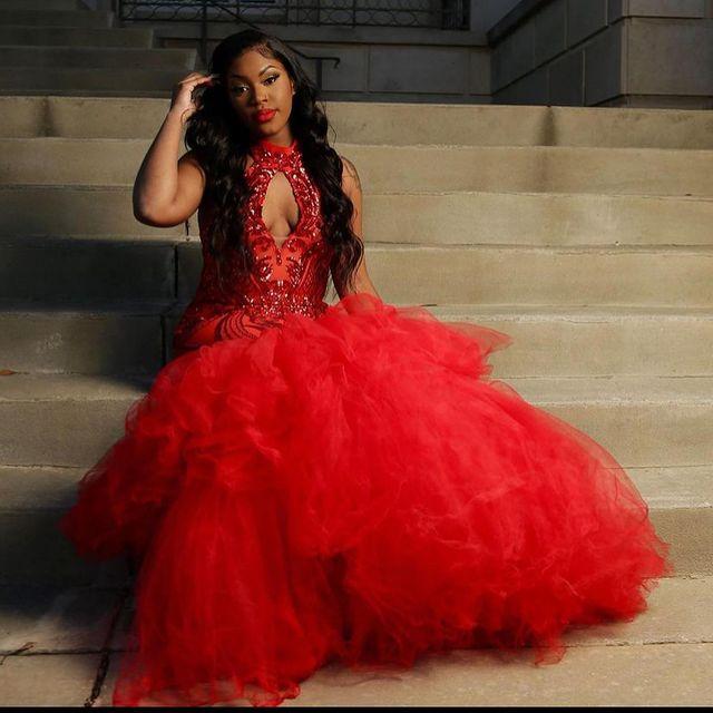 Sexy Keyhole Red Mermaid Evening Dresses 2022 Aso Ebi African Sparkly Sequins Prom Formal Party Gowns Floor Length Sleeveless High Neck Special Occasi