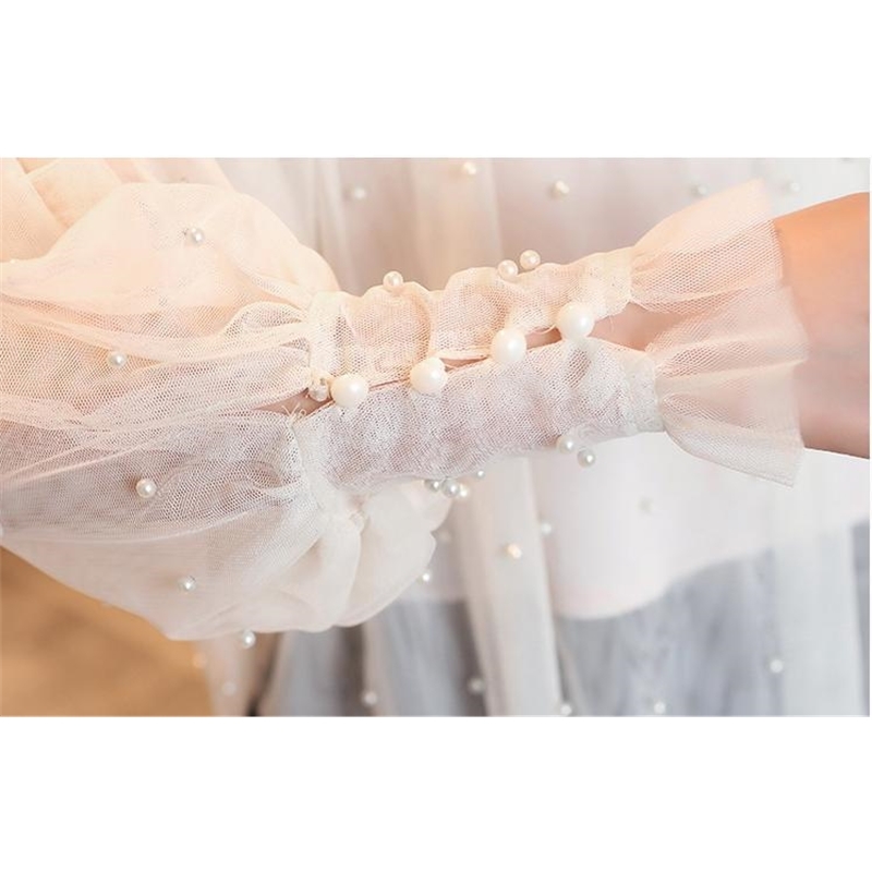 Plus Size 2XL Women Top lantern Sleeve Autumn Spring Blouse Beading Elegant Blouse Chiffon Pearl Shirt T200322