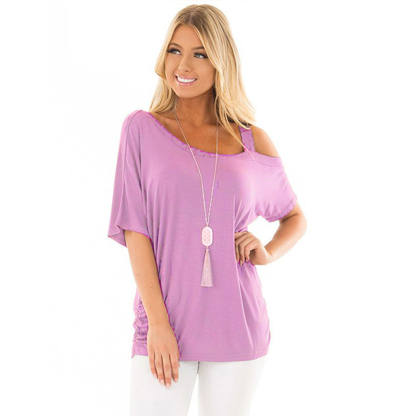 American Russian Cotton Offtheshoulder Summer Splice Slanting Collar Streets Sexy Fashion Short Sleeve Leisure Tshirt Woman T200614