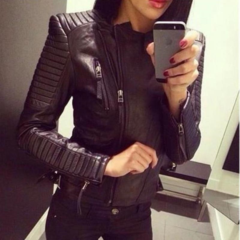 Ladies Leather Jackets New Black Slim Moto Bikers Jacket Women Long Sleeved Zipper Spring Autumn Outerwear Leather Coats