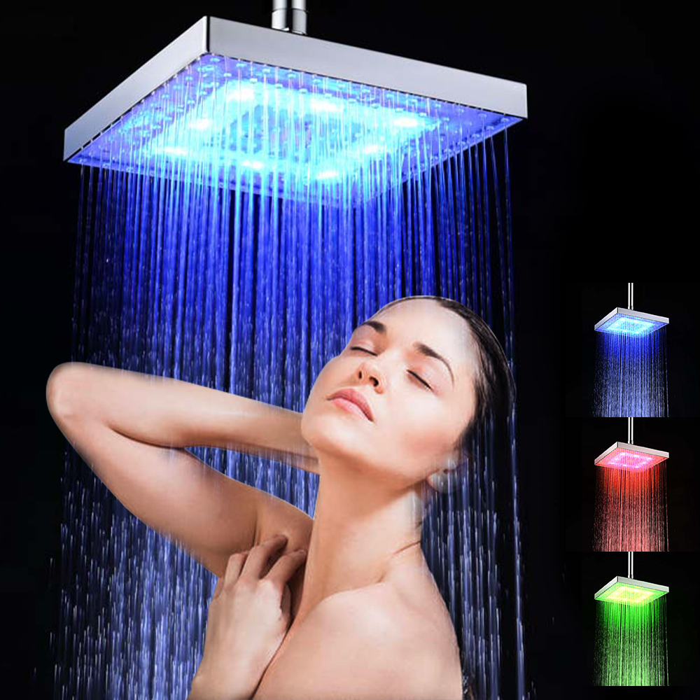 

New LED Rainfall Shower Head Square Shower Head Automatically RGB Color-Changing Temperature Sensor Showerhead for Bathroom 210309