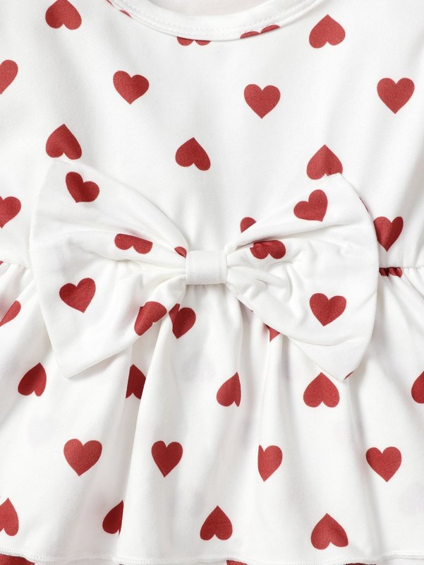 Baby Heart Print Ruffle Sleeve Bow Front Layered Hem Dress SHE