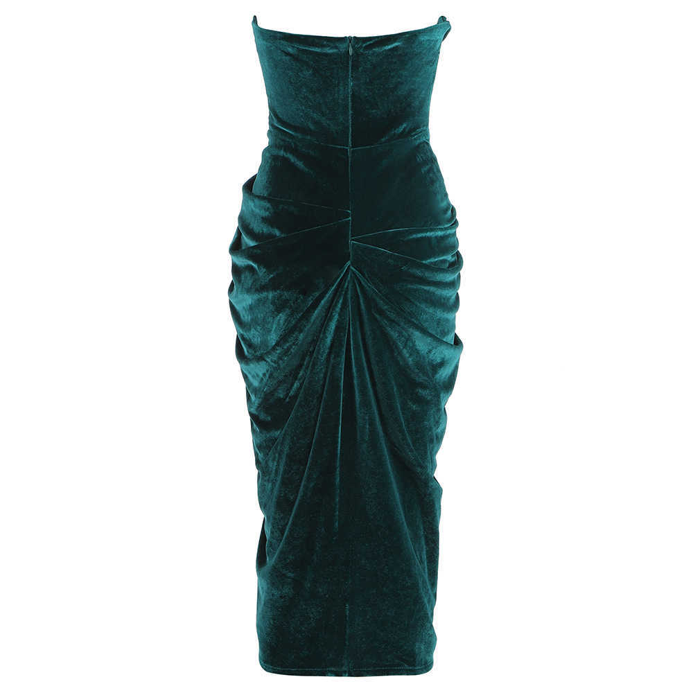 Ladies Strapless Sexy Party Dresses For Important Occasions Green Draped Tube Top Velvet Dress 210527