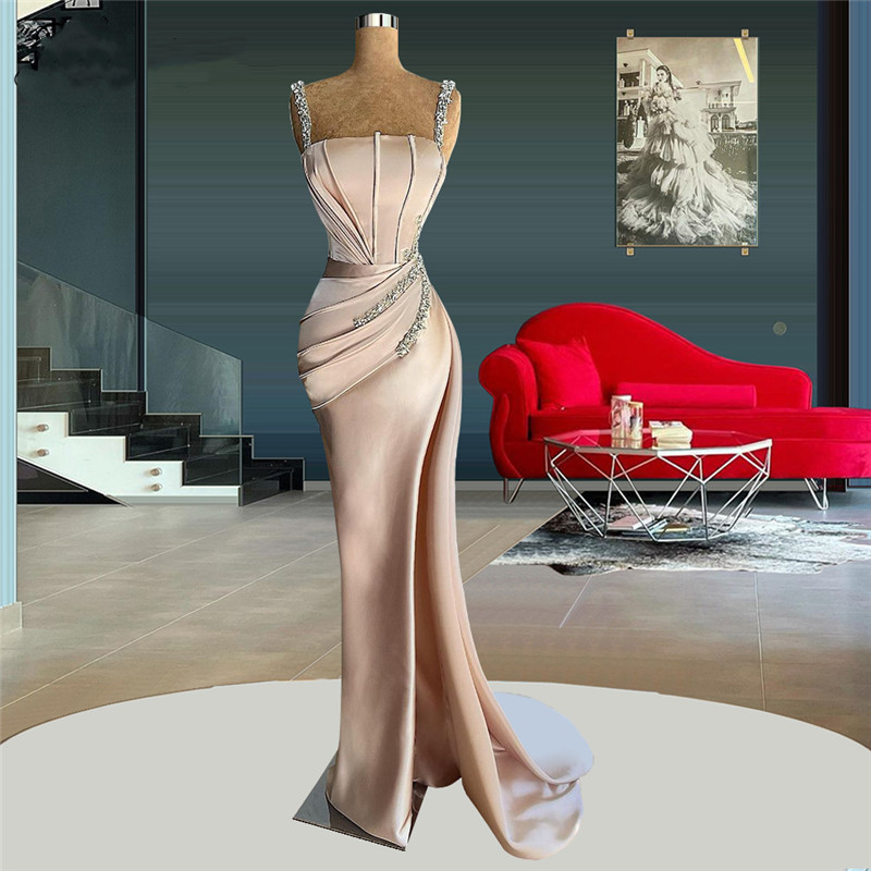 Sexy Mermaid Evening Dresses With Square Spagheeti Beaded Custom made Satin Fabric Floor-length Formal Party Prom Dress For Arabic Women Vestidos De N