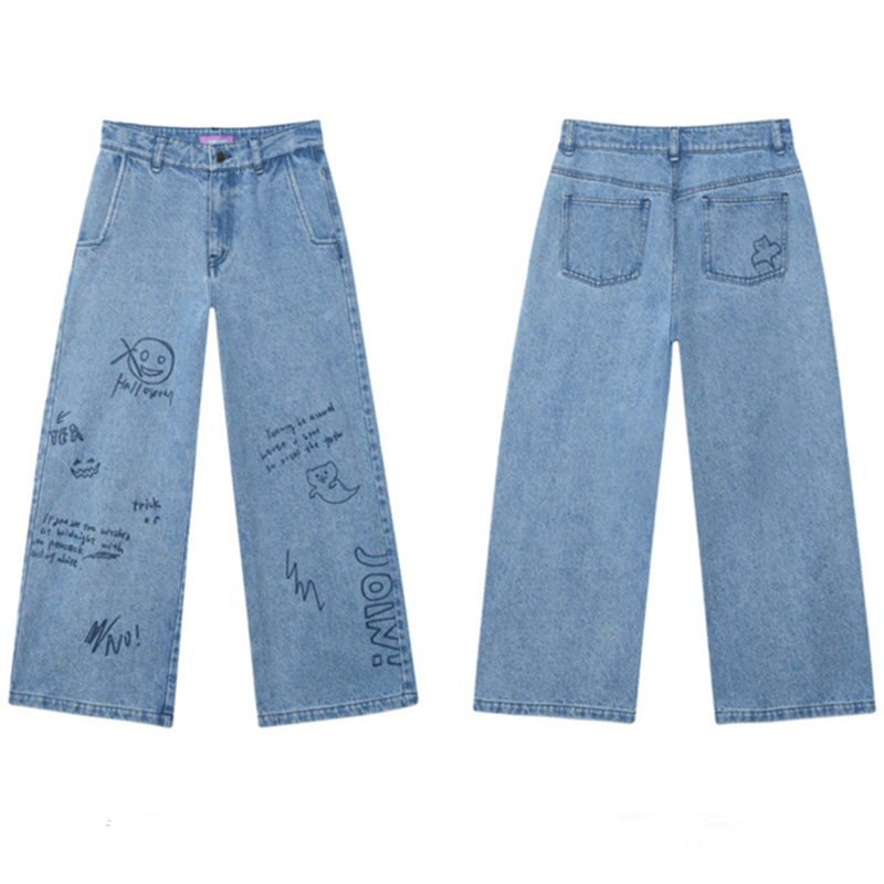 Cartoon Graffiti Women's Cute Jeans Wide Leg Autumn Winter Straight Capris Loose Denim Pants Female Student Jeans Pants Women 210302