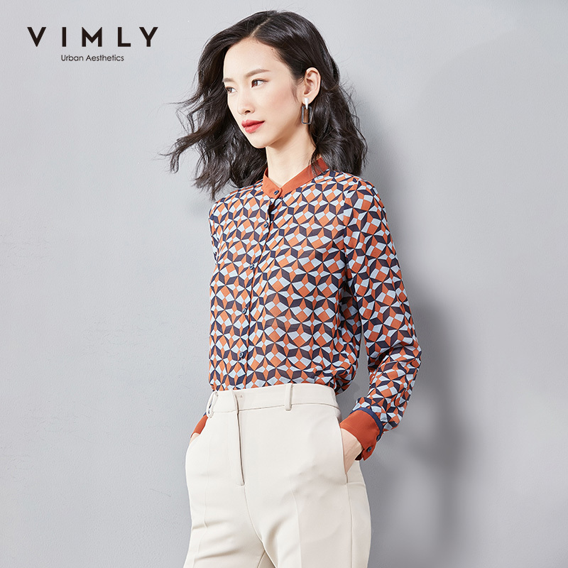 Vimly Women Blouse Spring Autumn Elegant V-neck Single Breasted Rhombus Print Shirt Tops Office Lady Blusas Femininas F1865 210225