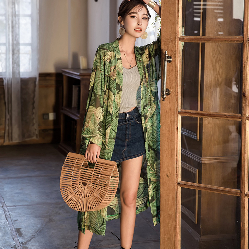 Woherb Summer Bohemian Chiffon Shirt Women Sunscreen Kimono Cardigan Perspective Long Blouse Leaves Print Beachwear 21753 210225