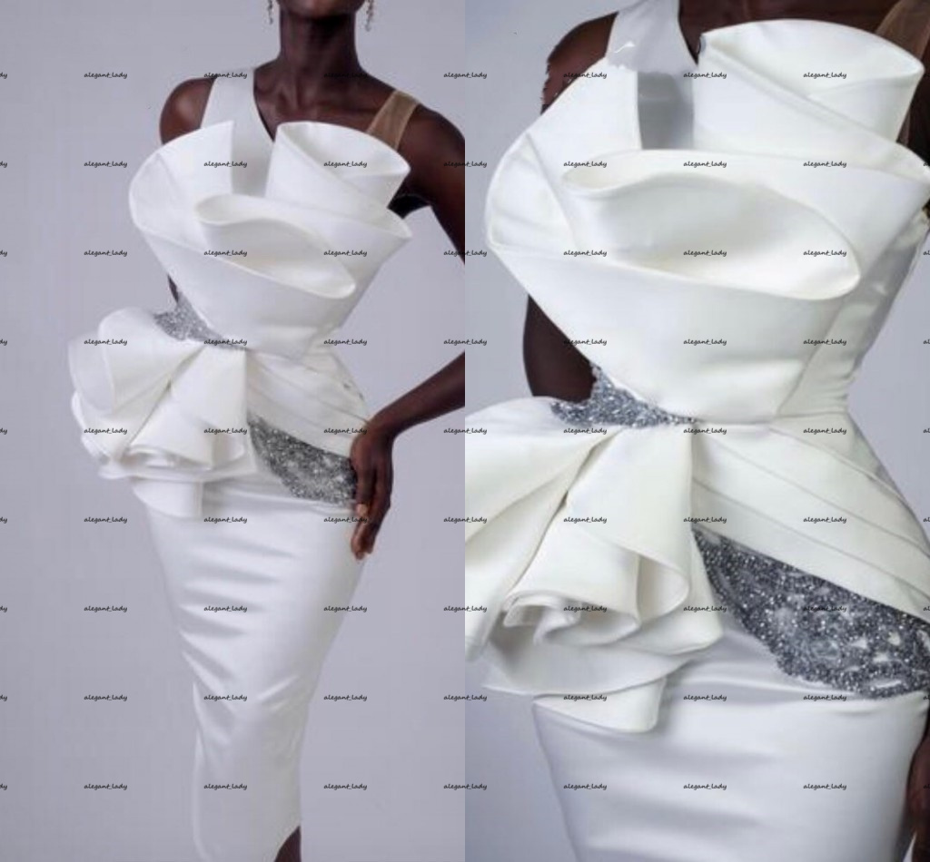 Little White Dress Big Bow Mermaid Cocktail Dresses 2022 Beading Crystal Ruffles Detail Tea-length Arabic Prom Party Gown