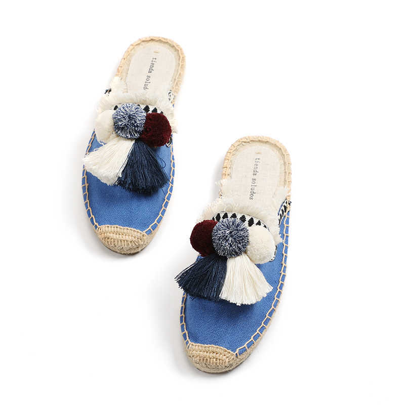 Furry Slippers Women Rubber Hemp Colors Tienda Soludos Spring Summer Tassel Fluffy Ball Canvas Mule Shoes Espadrilles Slides 210821