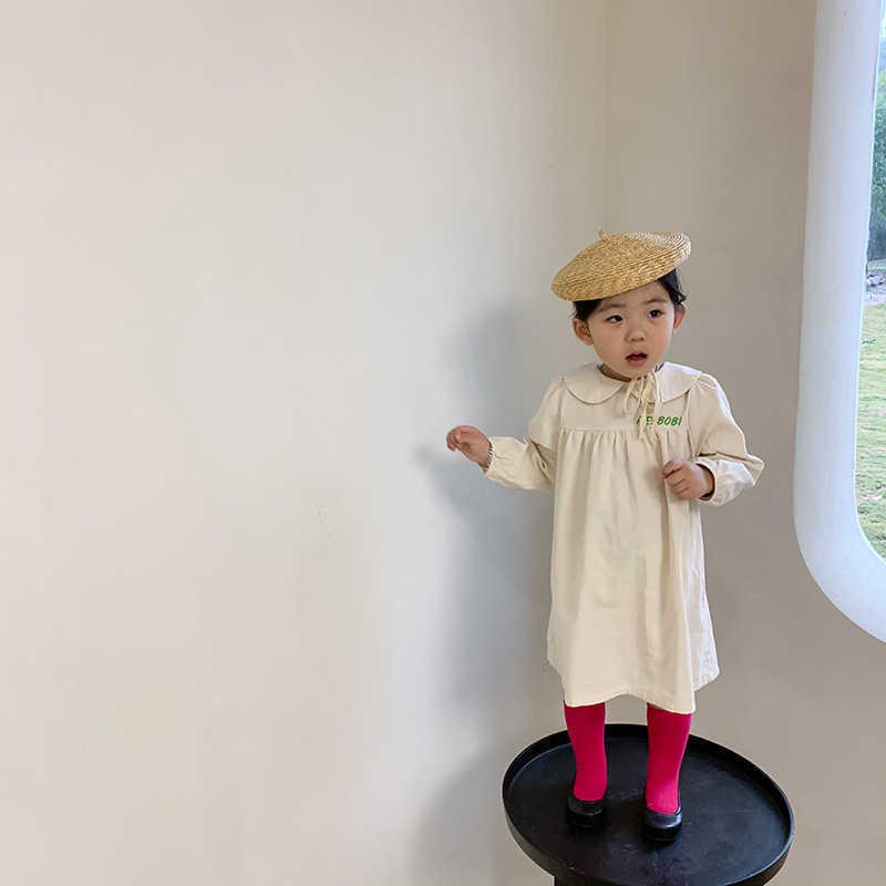 Spring cute Baby Girls Doll Collar Letters Embroidery Long Sleeve Dress Toddler Kids Cotton Skin-friendly Casual Dresses 210615