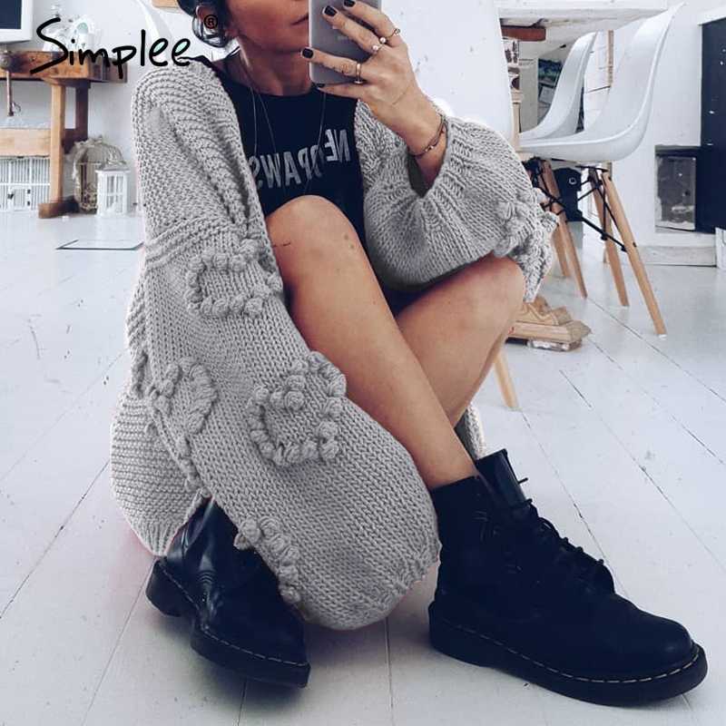 Loose women knitted cardigans Oversized lantern sleeve heart crochet jumper Autumn winter female knitting cardigan coats 210918
