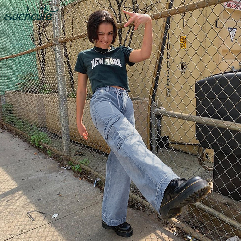 SUCHCUTE Pockage Women Jeans Cage Denim Pants Wide Leg Punk Korean Style Harajuku Trousers Female Joggers Harajuku 210222