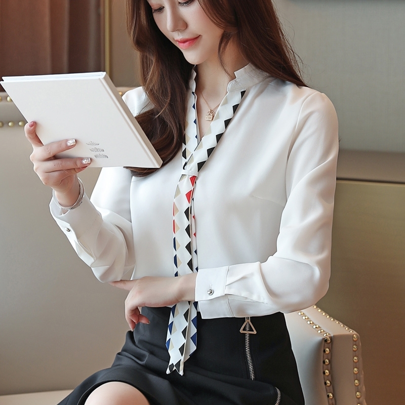 Dingaozlz blusa feminina Elegant Chiffon shirt Long sleeve Ladies blouse Red White Office lady shirt Patchwork Women Tops T200321