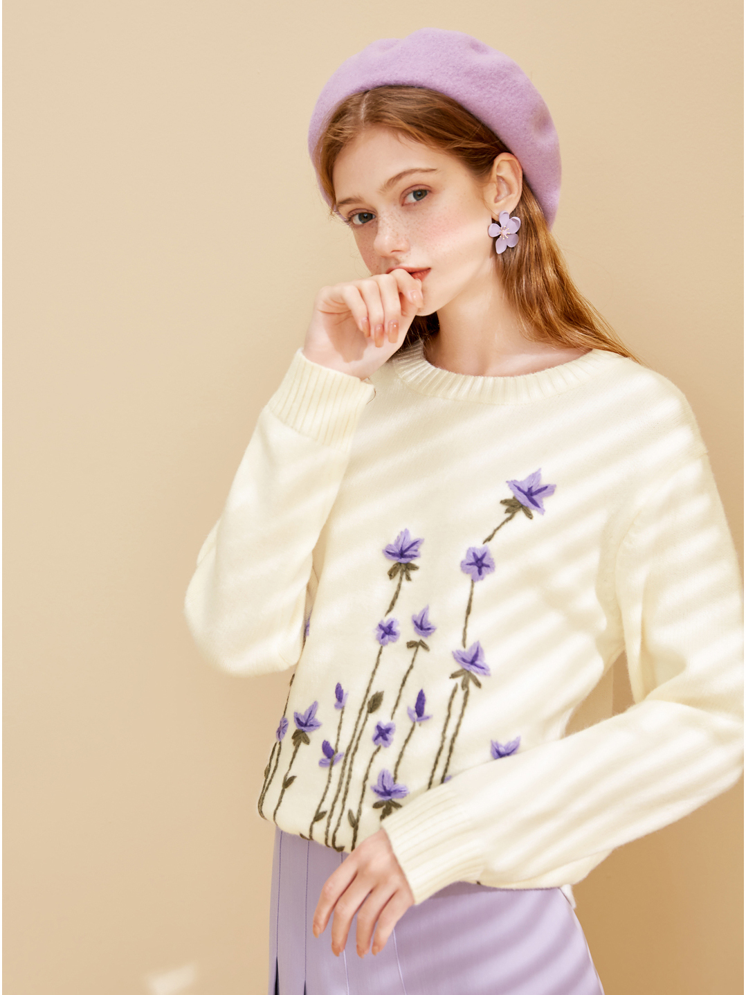 Girly Embroidery Purple Floral Pullover Sweater O-Neck Long Sleeve Fall Winter Loose Pullover C-103 210218