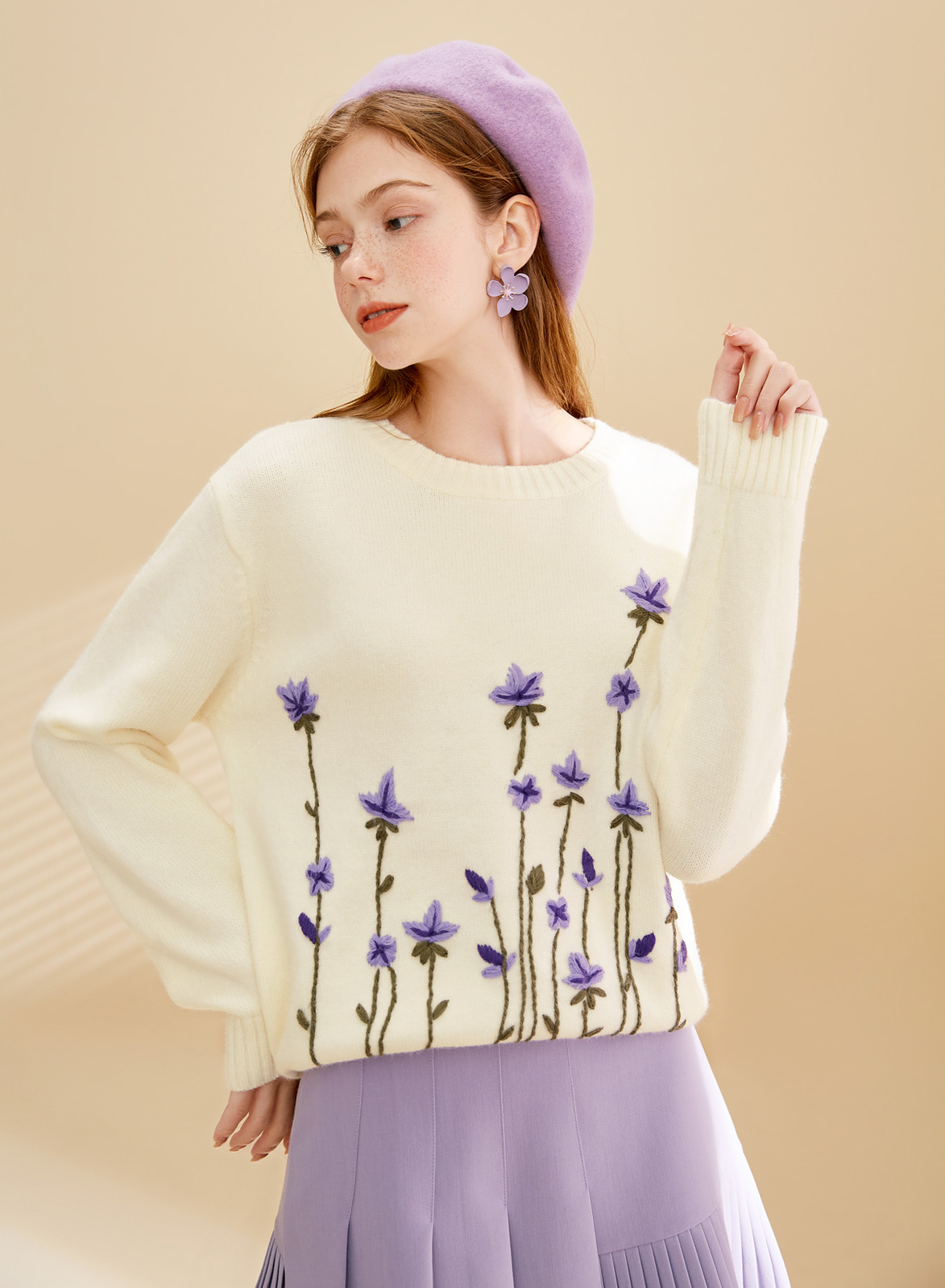 Girly Embroidery Purple Floral Pullover Sweater O-Neck Long Sleeve Fall Winter Loose Pullover C-103 210218
