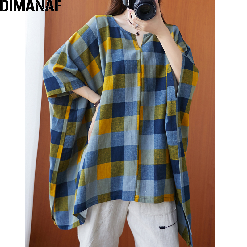 DIMANAF Plus Size Women Blouse Shirt Cotton Big Size Casual Lady Tops Tunic Print Plaid Loose Female Clothing Batwing Sleeve 5XL 210225