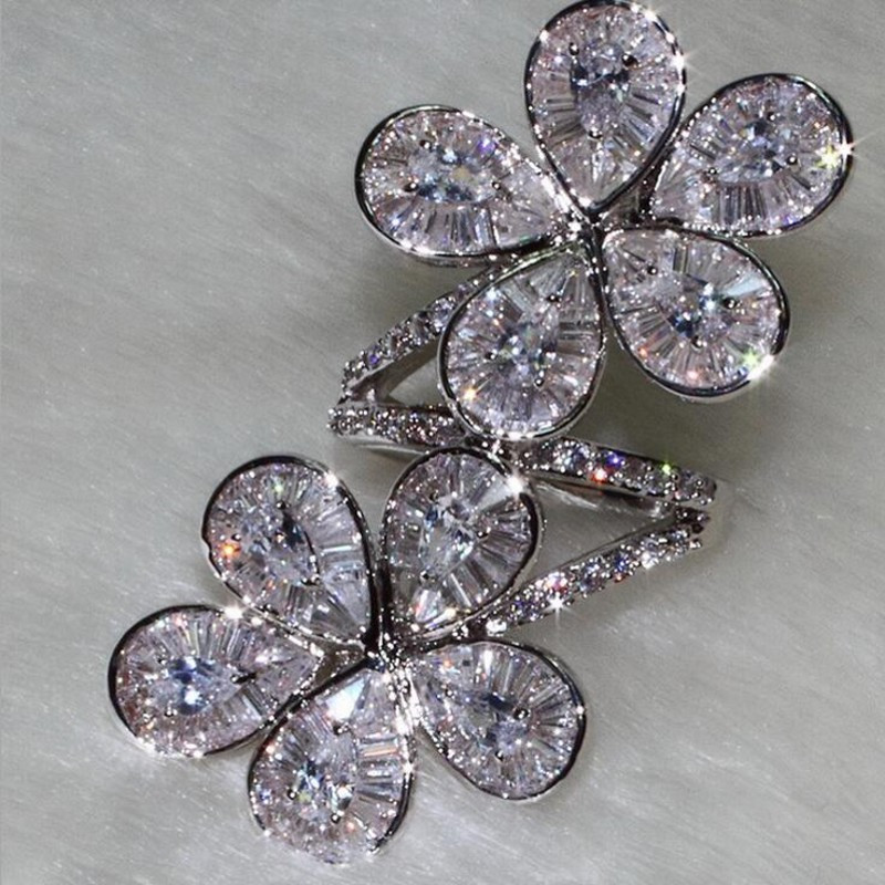 Statement Flower Diamond Ring Real 925 sterling silver Jewelry Engagement Wedding band Rings for Women Bridal Party accessory