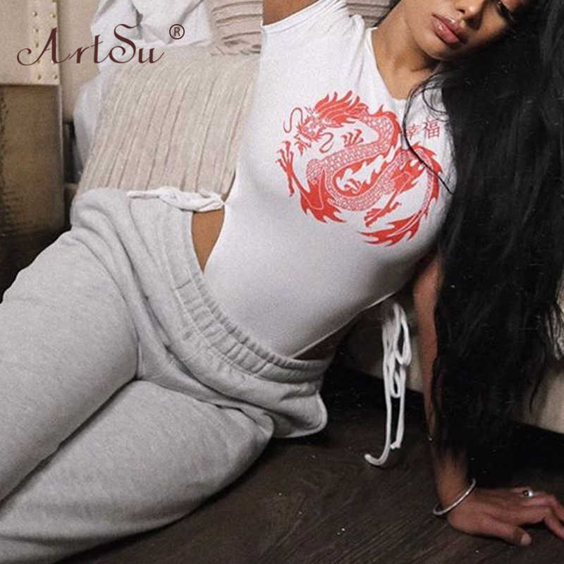 ArtSu Fashion Fire Dragon Print Women Short Sleeve Cut Out Sexy Bodysuit Lace Up Black White Summer Club Bodysuits Streetwear Y0927