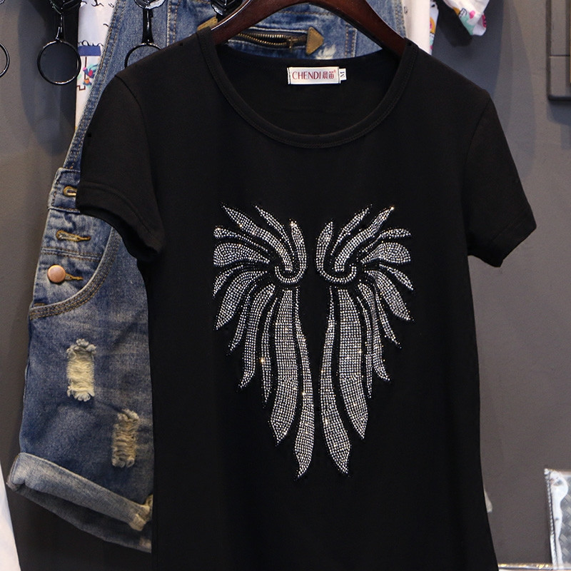 Hiawatha Rhinestone Short Sleeve T-Shirt Women Summer Casual Black Cotton Diamond Tops TX079 210306