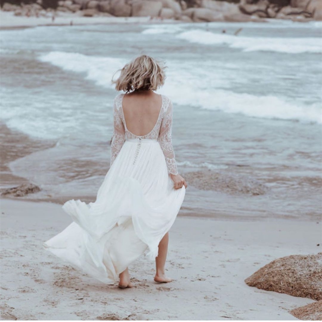 Beach Bohemian Chiffon Lace Wedding Dresses 2021 Illusion Long Sleeve Side Slit Backless Boho Wedding Bride Gowns A Line Vestido De Novia