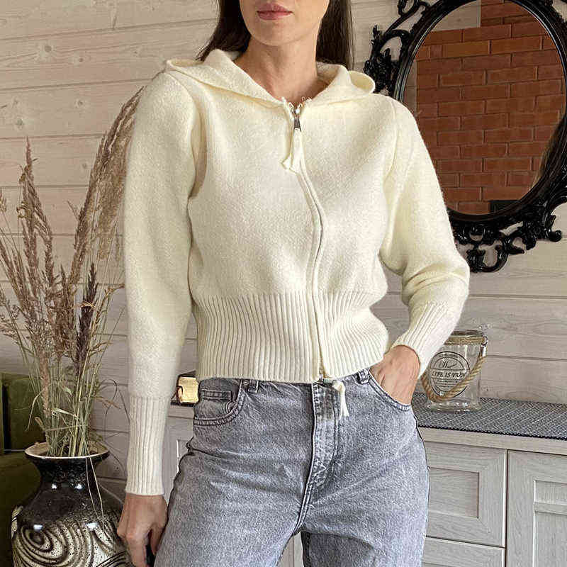 Colorfaith Winter Spring Women's Sweaters Short Cardigans Zipper Hooded Thicken Knitted Wild Korean Lady Top SWC1237JX 211109