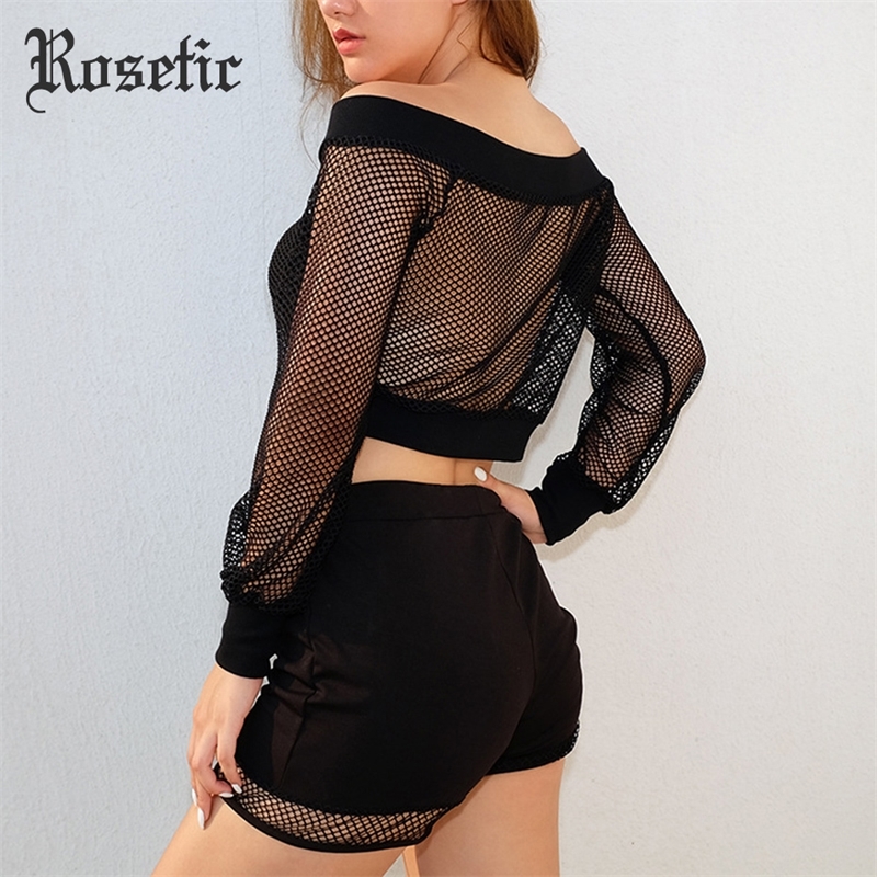 Rosetic Gothic Sexy Short Women Blouse Black Mesh See-Through Slash Neck Hollow Off Shoulder Long Sleeve Club Street Goth Blouse T200321