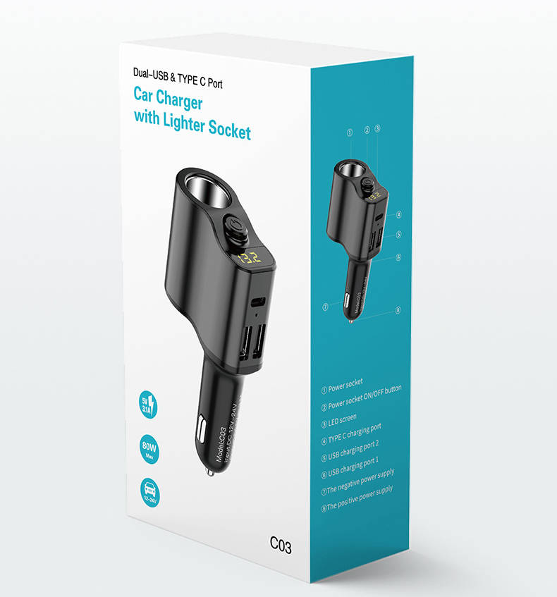 80W Splitter Car Charger Power Adapter Lighter for Phone Gadgets Fast Charging