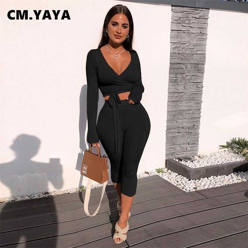 CM.YAYA Women Set Solid Full Sleeve V-neck Bandage Crop Top Mid Waist Skinny Elastic Calf Length Pants 2 Piece Summer Outfit 211106, Black
CM.YAYA Women Set Solid Full Sleeve V-neck Bandage Crop Top Mid Waist Skinny Elastic Calf Length Pants 2 Piece Summer Outfit 211106, Black