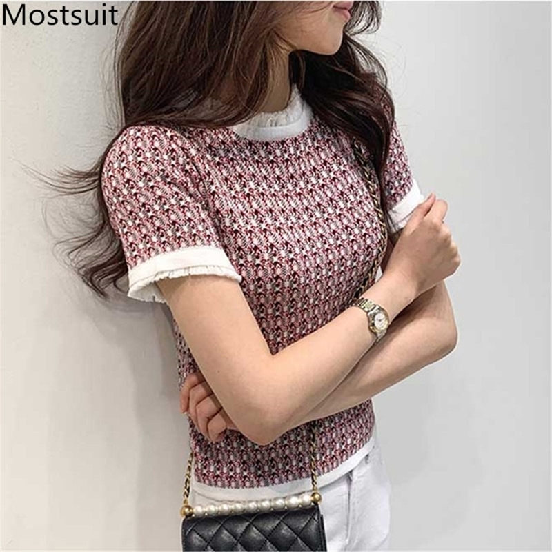 Summer Korean Vintage Elegant Knitted T-shirts Tees Women Short Sleeve O-neck Fashion Ladies Slim T Shirts Tops Femme 210306