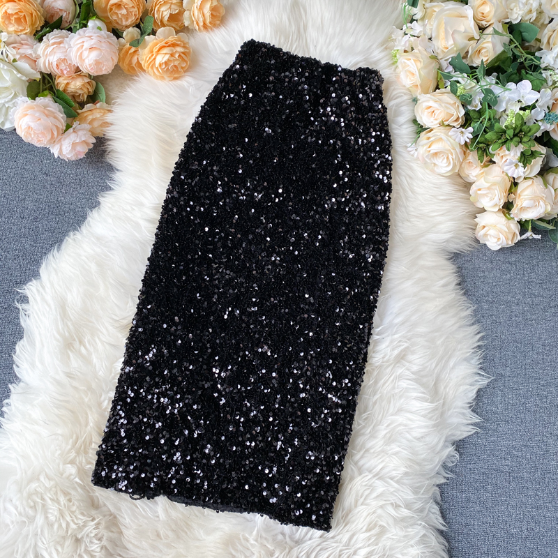 Spring Summer High Waist Slim Shining Bling Sequin Skirt Women Black/Silver Bodycon Skirt For Female New Fashion Faldas 210309