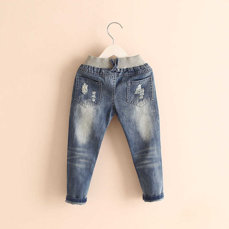 Spring Autumn 2-6 8 10 Years Children Birthday Gift Elastic Long Trousers Washed Hole Denim Jeans For Baby Kids Girls 210529
