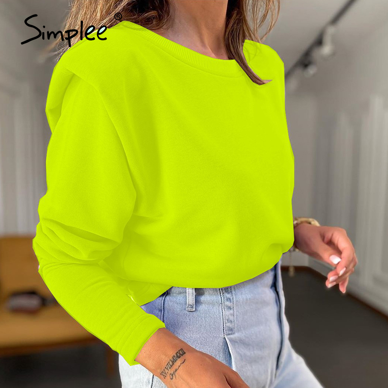 Simplee Leisure shoulder pad Sweatshirt women's Green long sleeve crew neck Pullover High street fashion Sweatershirt 201211