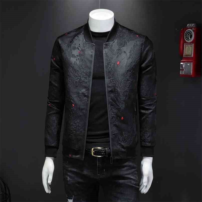 Spring Autumn Men Casual Jacket Coat Flower Slim Fit Pattern Bomber Jacket Men 4xl Puff Jacquard Black Bomber Jacket Men 210818
