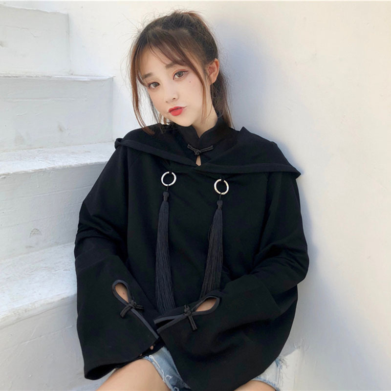 Women's Hoodies Crop Hoodies Sweatshirts Tassel Hooded Woman Crop Top Hoodie Chinese Letters Print Japan Style Girls Tops LS180 201204