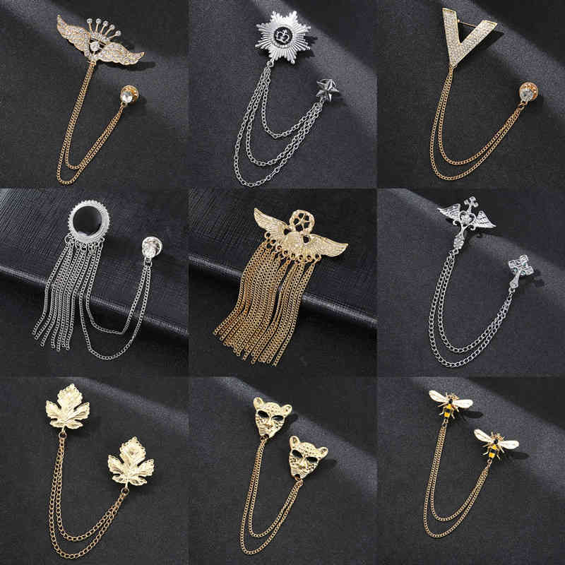 Men's Tassel Temperament Brooch Korean Chain Collar Suit Gold Pin Simple Accessories