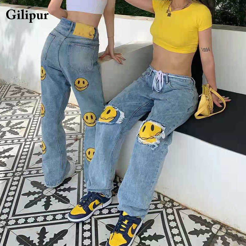 Printed Jeans Women Fashion Mom Baggy Straight Leg Pants Blue Loose Ripped Denim Trousers Long High Waist Streetwear 210922