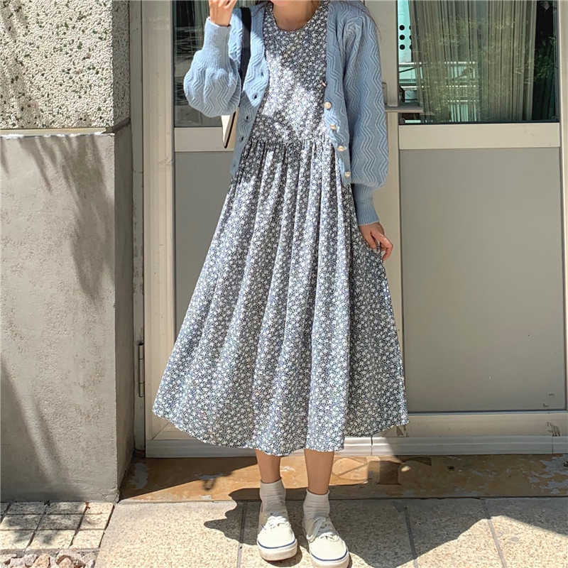 Women Spring Summer Dresses Fashionable Elegant High Waist Vintage Korean Style Floral Oversize Lady Long Dress DR9121 210806
