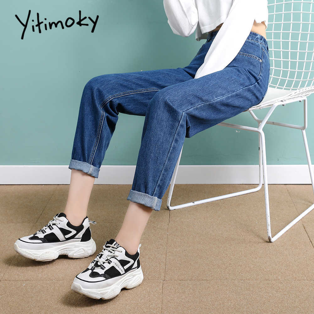 Yitimoky High Waist Jeans Woman Straight Sky Blue Denim Pants Plus Size Elastic Washed Casual Vintage Streetwear Mom Women 210922