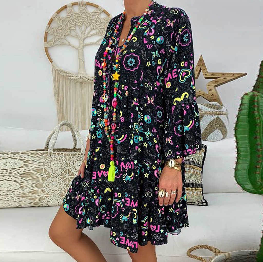 Boho Dres Loose Floral Print Long Sleeve V-collar Button Party Elegant Sexy Dresses Plus Size Vestidos De Festa 210623