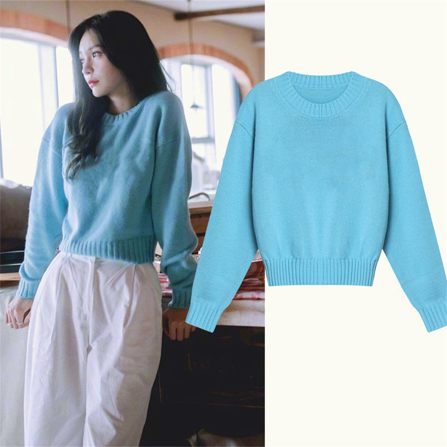 Women Knitted Sweater Woollen Fall Girls Wool Pullover Shirt Super Elastic Fashion Clothes Star With Round Neck Loose Short Knitwear